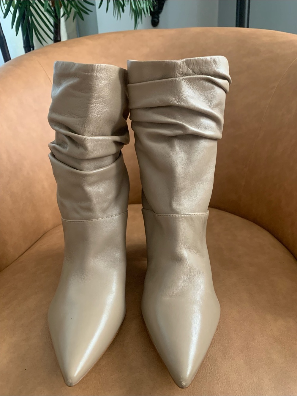 Slouchy Pointed-Toe Mid-Calf Boots in Taupe